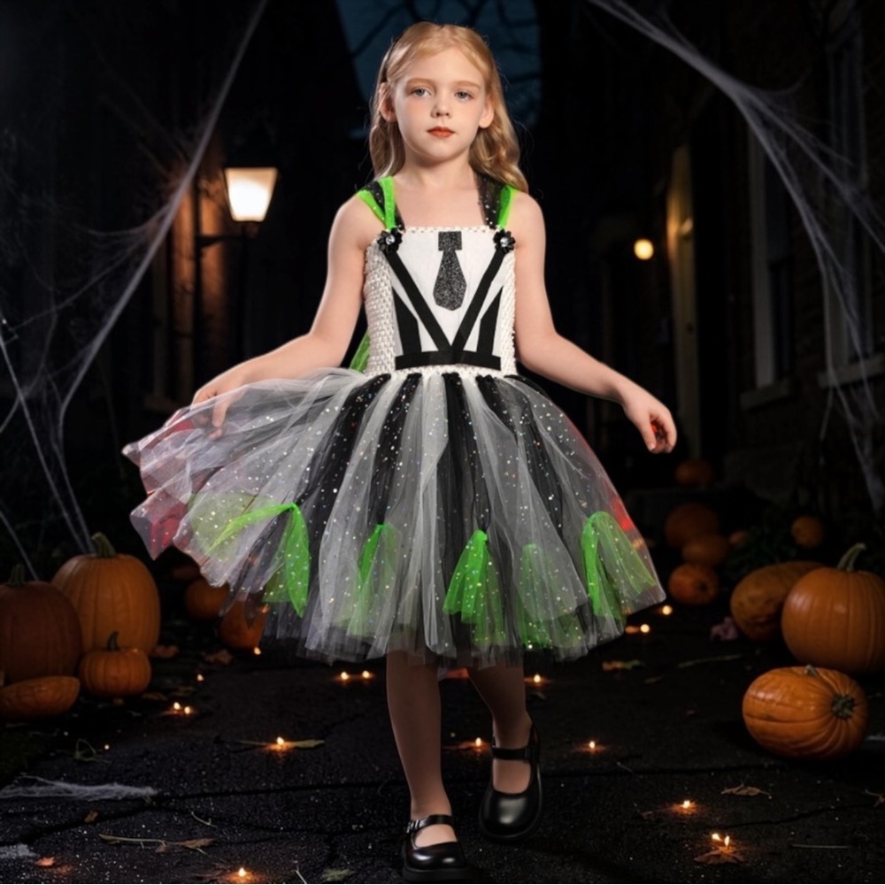NWT Girls Beetlejuice Halloween Costume Tutu Dress Size 8 Black Green Cosplay